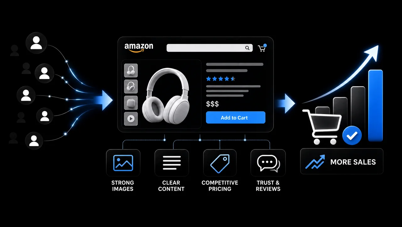 Modern ecommerce concept showing optimized Amazon product listings, customer reviews, product images, conversion analytics, and online sales growth.