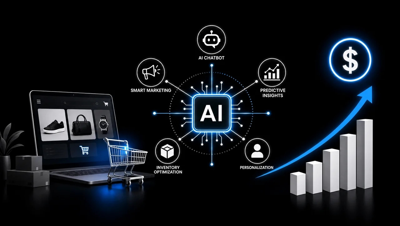 AI-powered ecommerce marketing tools including ChatGPT, Shopify Magic, Google Performance Max, Klaviyo AI, Canva AI, and Google Analytics 4 improving online sales