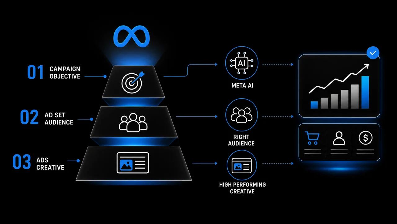 Modern digital marketing concept showing Meta Ads campaign optimization with AI automation, audience targeting, creative testing, and performance analytics.