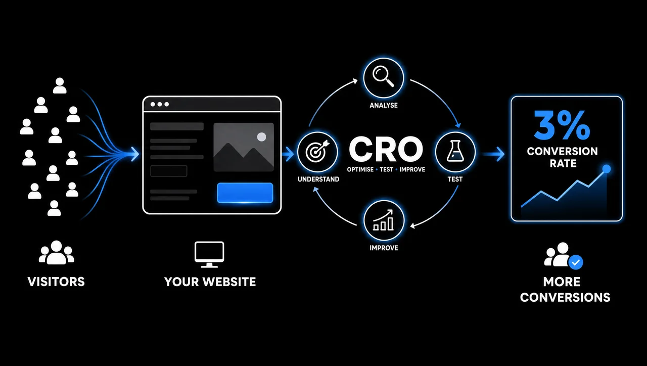 Conversion rate optimization concept showing website visitors moving through a digital customer journey toward leads, purchases, and conversions.