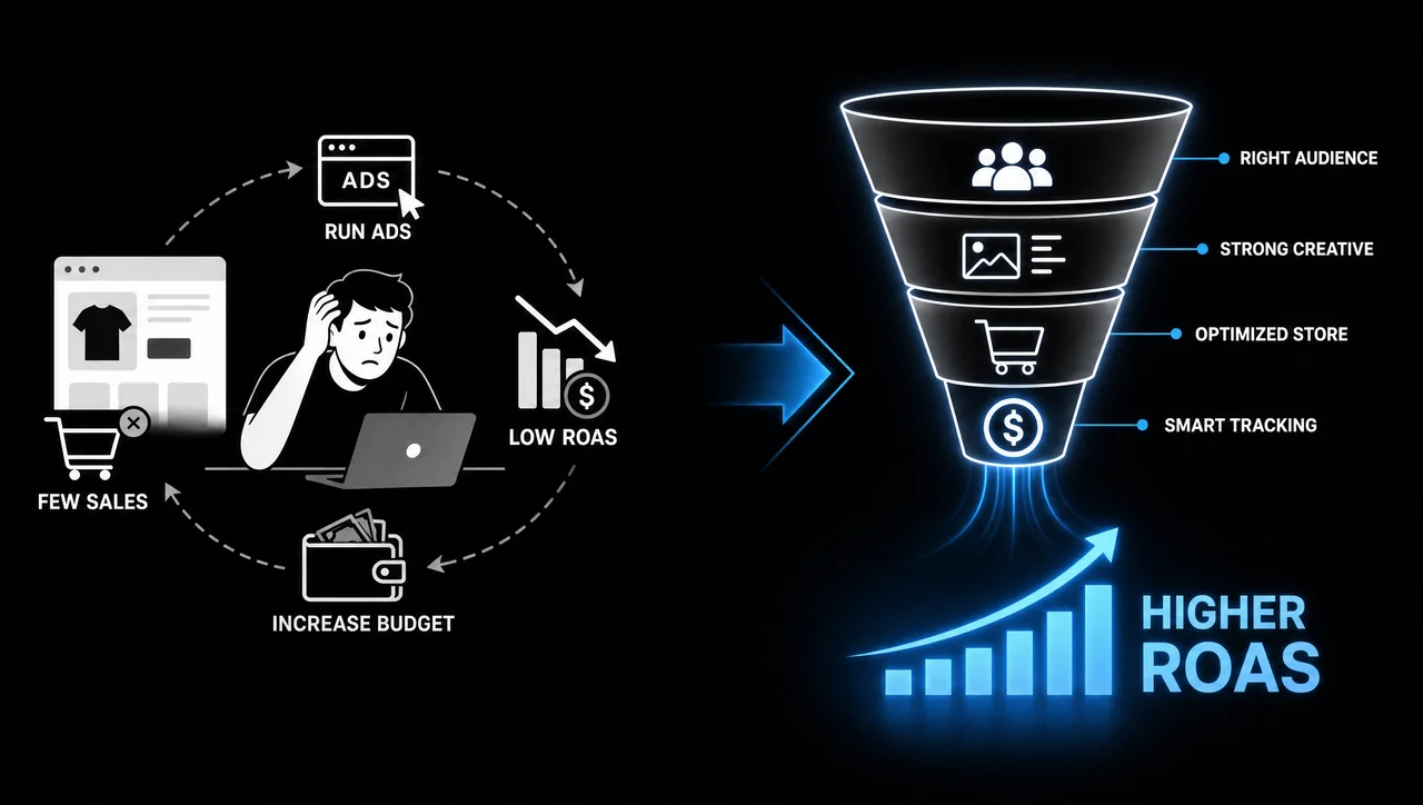 Digital marketing dashboard showing ecommerce advertising optimization, ROAS improvement, audience targeting, and campaign performance analytics.