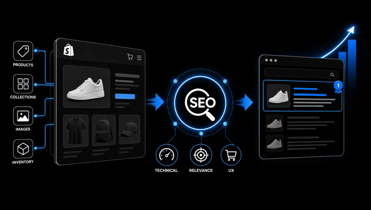 Ecommerce SEO strategy for Shopify stores showing optimized product pages, collections, product images, search visibility, and online store growth.