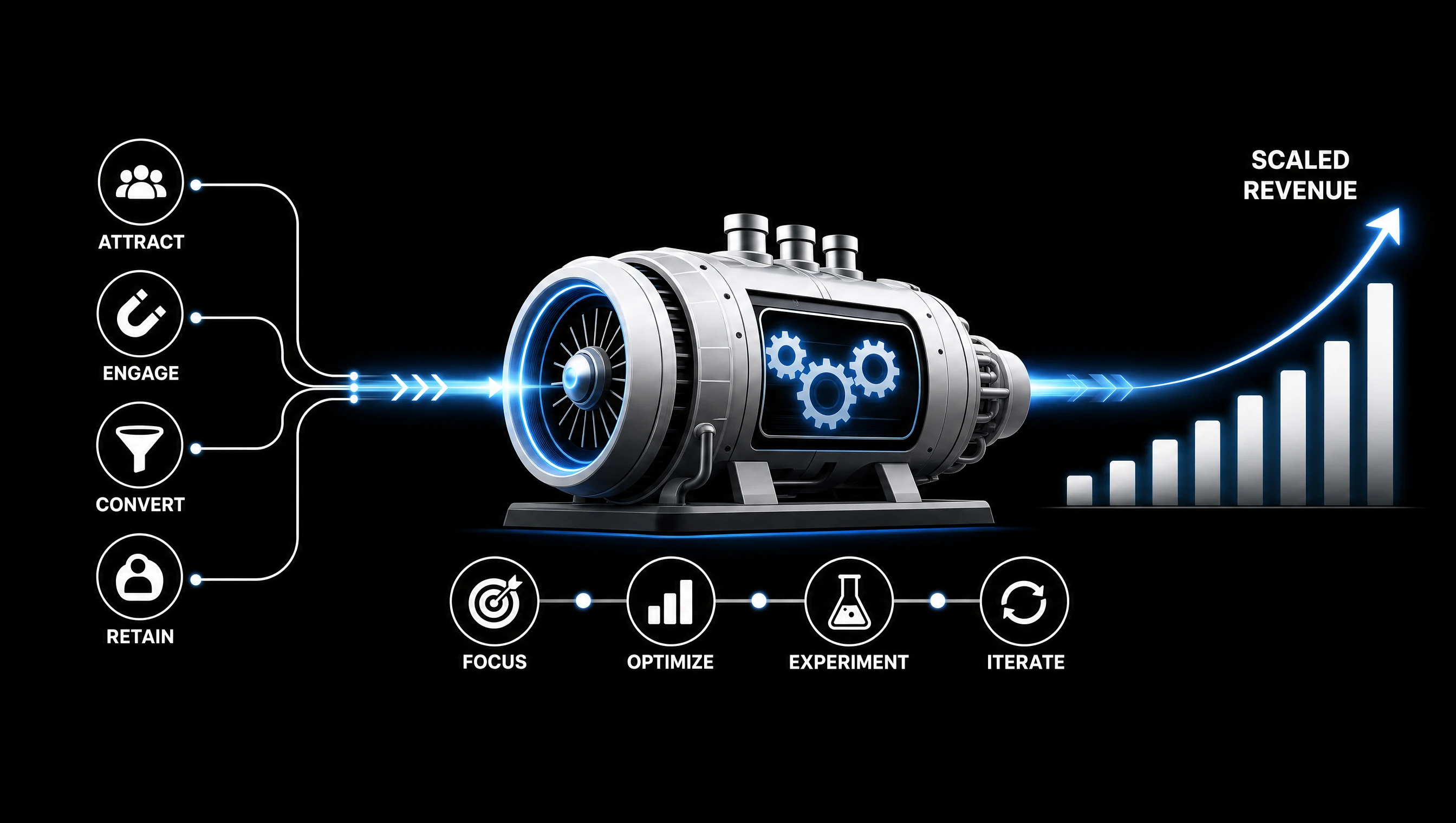 Digital growth engine illustrating SEO, lead generation, conversion optimization, customer acquisition, and scalable revenue growth