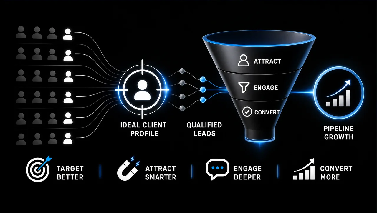B2B lead generation strategy showing qualified leads moving through LinkedIn advertising, SEO, email marketing, and conversion optimization toward business growth.