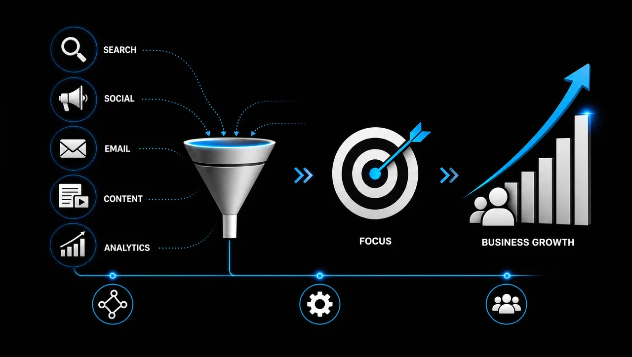 Modern digital marketing concept showing SEO, AI marketing, analytics, social media, email marketing, and business growth connected through an intelligent digital ecosystem.